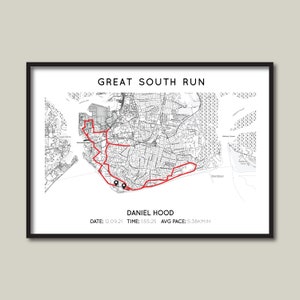 Gepersonaliseerde Great South Run Marathon Print | Portsmouth 10 Mile Run-cadeaukaart | Hardloopkaart Great South Run | Aangepaste South Coast Run