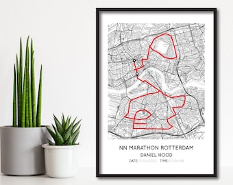 Gepersonaliseerde Marathon Rotterdam Print | Marathon Rotterdam Cadeaukaart | Lopende kaartposter | Kaart | Aangepaste marathonroutekaart afdrukken