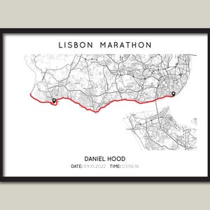 Gepersonaliseerde marathonprint van Lissabon | Cadeaukaart marathon Lissabon | Poster hardloopkaart Lissabon | Kaart | Print aangepaste marathonroute Lissabon