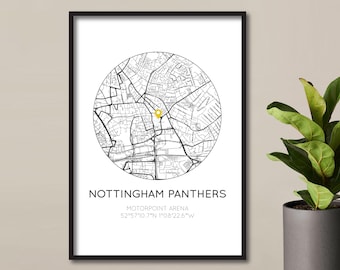 Nottingham Panthers Map Print | Ice Hockey Print | Motorpoint Arena Nottingham | Elite League | Birthday Gift For Dad/Husband | Fathers Day