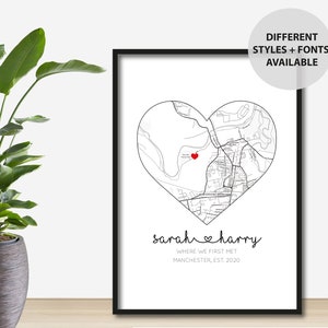 Impression personnalisée de la carte du cœur où nous nous sommes rencontrés pour la première fois | Impression de couples | Cadeau Saint Valentin | Cadeau d'anniversaire | Affiche de carte | Art de la carte minimaliste