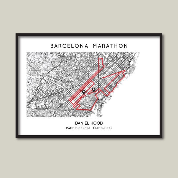 Impression personnalisée du marathon de Barcelone | Carte-cadeau du marathon de Barcelone | Carte de course à pied de Barcelone | Impression personnalisée de la carte du parcours du marathon de Barcelone