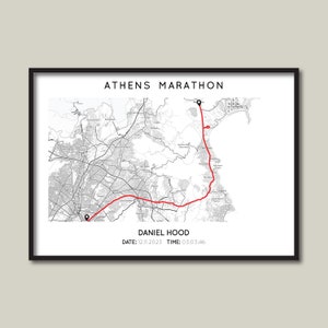 Impresión personalizada del maratón de Atenas / Mapa de regalo del maratón de Atenas / Póster del mapa de carrera / Mapa / Impresión personalizada del mapa de ruta del maratón