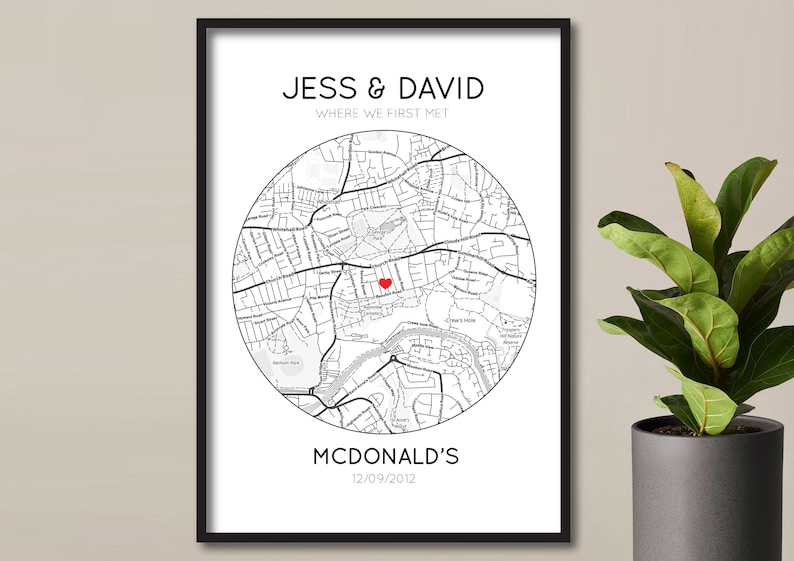 Personalised Where We First Met Map Print | Couple Print | Valentines Gift | Anniversary Present | Map Poster | Minimalist Map Art 