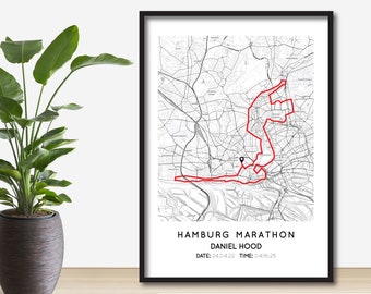 Personalisierter Hamburg-Marathon-Druck | Hamburg-Marathon-Geschenkkarte | Hamburger Laufkarten-Poster | Karte | Benutzerdefinierter Marathon-Streckenkartendruck