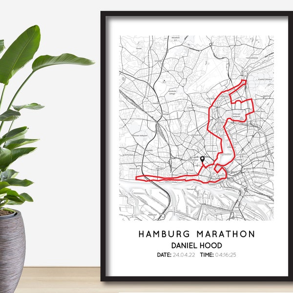 Personalisierter Hamburg-Marathon-Druck | Hamburg Marathon Geschenk Karte | Hamburg Lauf Karte Poster | Karte | Personalisierte Marathon Route Map Print