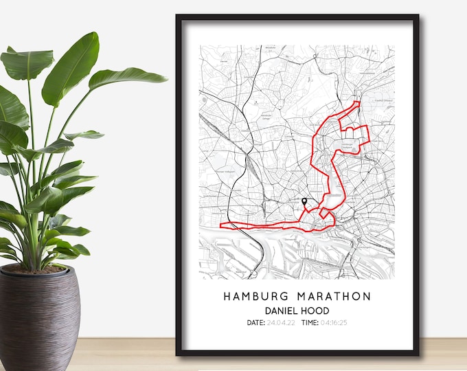 Impression personnalisée du marathon de Hambourg | Carte-cadeau du marathon de Hambourg | Carte de course de Hambourg affiche de <br> Profitez-en ! Carte | Impression personnalisée de la carte du parcours du marathon