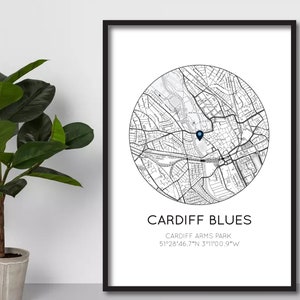 Impression Blues de Cardiff | Parc d'armes de Cardiff | Impression de rugby à XV | Union régionale galloise de rugby | Cadeau d'anniversaire pour papa/mari | Affiche