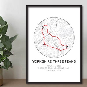 Yorkshire Three Peaks Challenge Print | 3 Peaks | Pen-Y-Ghent | Whernside | Ingleborough | Gift for Hiker | Route Map | Gift for Climber