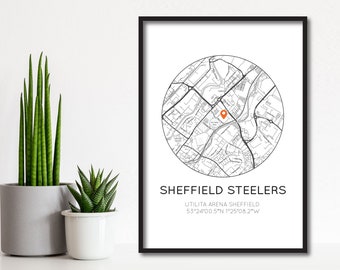 Sheffield Steelers Map Print | Ice Hockey Print | Utilita Arena Sheffield | Birthday Gift For Dad/Husband | Fathers Day