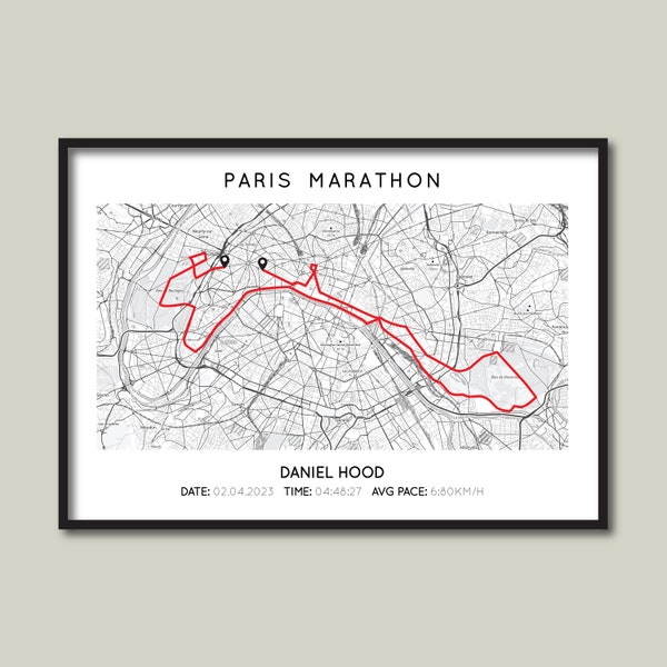 Gepersonaliseerde Parijs Marathon print | Cadeaukaart Marathon van Parijs | Parijs lopende kaart poster | Kaart | Aangepaste Parijs Marathon routekaart afdrukken