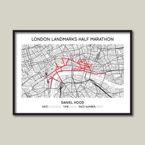 Impresión personalizada de medio maratón de lugares emblemáticos de Londres / Mapa de regalo de lugares emblemáticos de Londres / Póster de mapa de carrera / Impresión personalizada de mapa de ruta de medio maratón