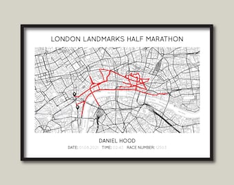 Impression personnalisée du semi-marathon des monuments de Londres | Carte-cadeau des monuments de Londres | Poster de carte de course | Impression personnalisée de la carte du parcours du semi-marathon