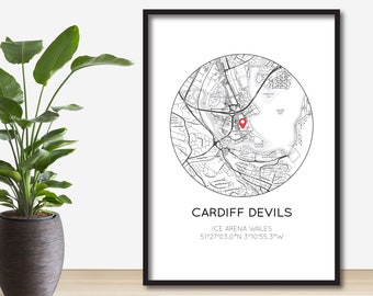 Cardiff Devils Map Print | Ice Hockey Print | Ice Arena Wales | Elite League | Birthday Gift For Dad/Husband | Fathers Day