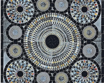Luxury Geometric Mosaic Floor Medallion | Custom Black & Silver Stone Mosaic | Architectural Floor Inlay | Grand Entryway Foyer Decor