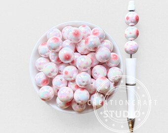 16mm Pink Flower Blossom Print Round Beads,Floral Acrylic Gumball Beads Spring DIY Pen
