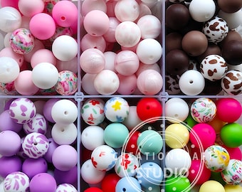 Wholesale Beads, Cow/Flower Print Assorted Colors Silicone Loose Beads, 15mm Round Silicone Beads, Mix Print Silicone Beads