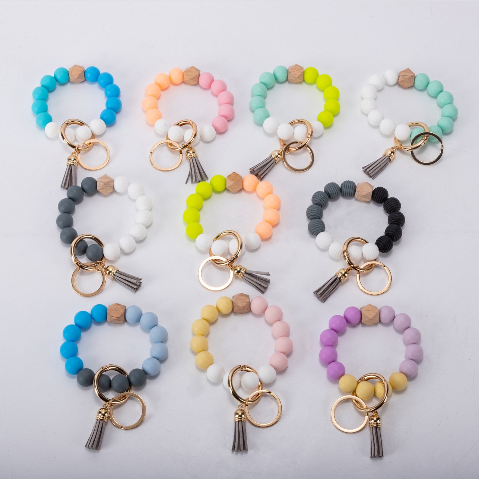 Silicone Wood Beaded Bracelet Keyring Wrist Keychain Women Etsy