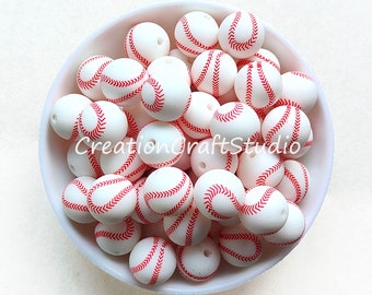 White Baseball Beads, Wholesale Round Baseball Silicone Beads, Silicone Ball, 15mm Silicone Print Beads