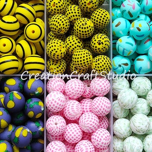 10-100 pezzi da 15 mm perline in silicone stampate all'ingrosso, ecologiche, perline rotonde in silicone sfuse, portachiavi regalo per gioielli fai da te