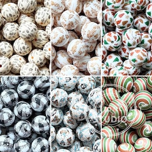 Contas redondas de silicone de 15 mm a granel, com estampa de outono/inverno, para caneta de miçangas.