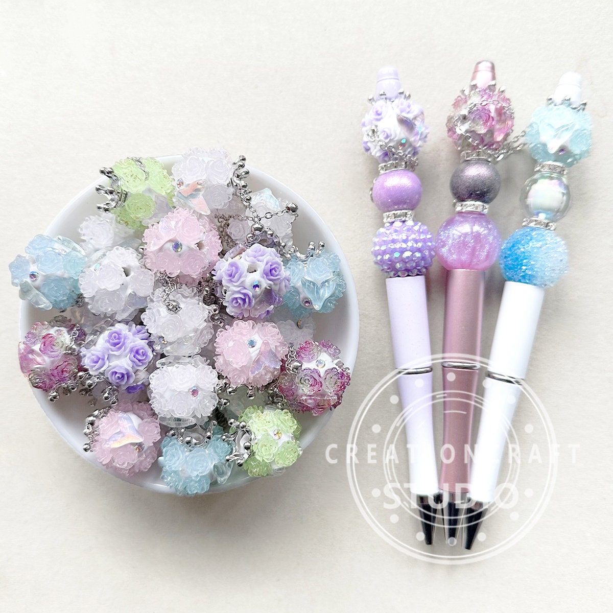 Fancy Beads, Fishtail Rose Flower Ball Beads, Floral Dangly Beads, for Beaded Pen