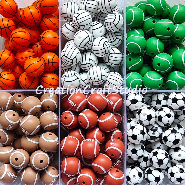 Basketball/Soccer/American Football/Volleyball Silicone Beads, Bulk 15mm Round Silicone Beads, Sport Print Silicone Beads, Rugby Beads