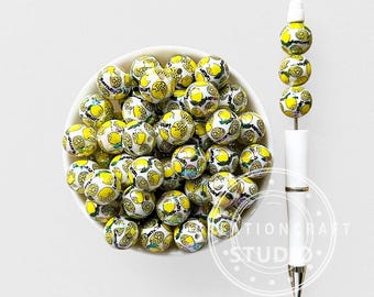 UV加工サマーレモンプリントラウンドアクリルビーズ、フルーツ柄16mmガムボールビーズ