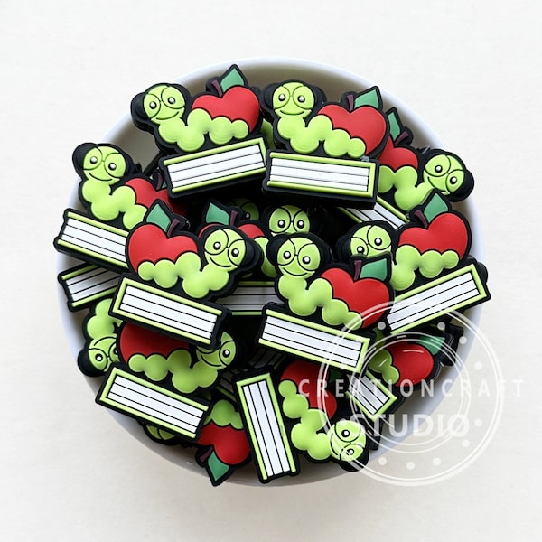 Worm Apple Book Focal Silicone Beads, Book Worm Beads