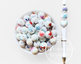 UV Assorted Bow Print Acrylic Gumball Loose Beads,16mm Round Jewelry Beads
