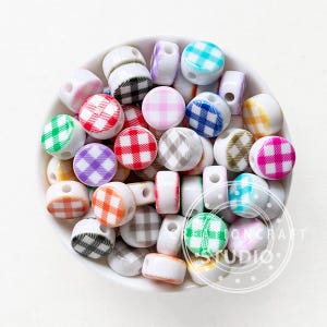 16mm Flat Round Shape Beads,Plaid Print Acrylic Beads,Random Assorted Color Loose Beads Bulk
