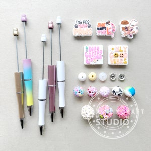 5Pcs Beadable Pen Blank&Loose Beads Assorted Kit DIY Beaded Pen, Fancy Beads,Silicone Beads,Focal Beads