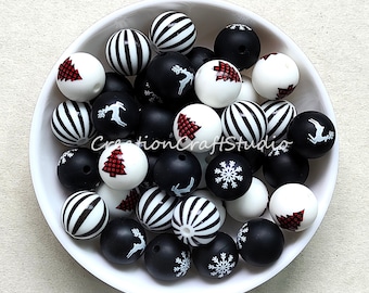 Cuentas de silicona de 15 mm con forma de copo de nieve, reno y árbol de Navidad, 4 colores surtidos, cuentas navideñas, cuentas de silicona a granel