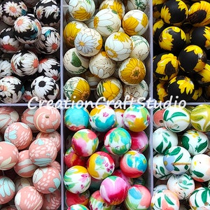 Flower Print Silicone Beads, Sunflower Beads, 12/15mm Wholesale Round Beads, Bulk Beads