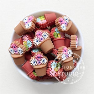 May include: A bowl filled with brown and terracotta coloured flower pot charms. The charms are decorated with colourful flowers and have a 3D effect.