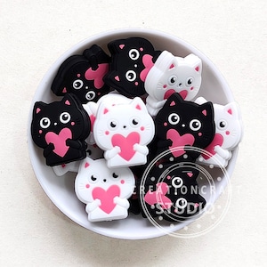 Valentine&#39;s Day Cute Heart Cat Silicone Beads, Focal Beads, Cat Beads, Wholesale Beads