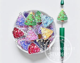 Mixed Color Christmas Tree Acrylic Loose Beads,Printed Flat Focal Holiday Beads
