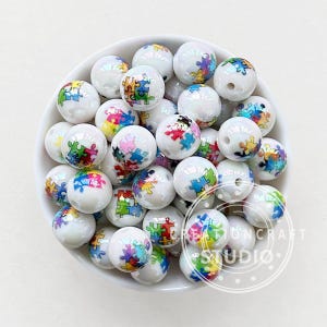 Puzzle Print Acrylic Beads,Autism Beads,16mm Gumball Acrylic Beads,Pen Beads