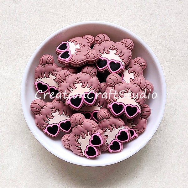 Cuentas de silicona rosa oscuro con gafas para niña, cuentas focales, 27,5 x 27,5 mm, para hacer joyas artesanales con cuentas, cuentas de silicona para cordones.