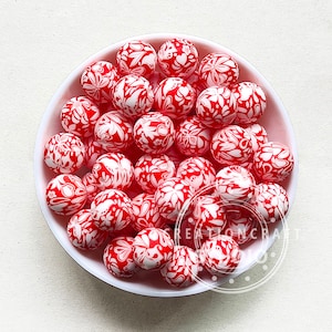 15mm Red Leaf Silicone Beads, Print Silicone Beads, Round Silicone Beads, DIY Crafts Necklace Bracelet, 10 - 100pcs Bulk Beads