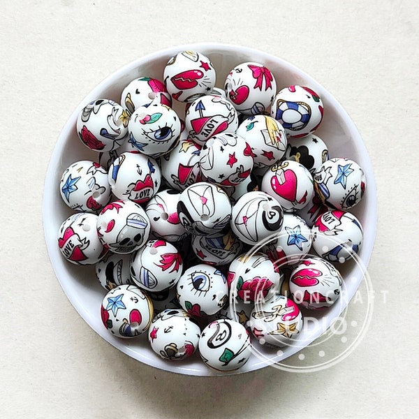 15mm Cartoon Print Silicone Beads, Round Ball, Silicone Loose Beads for Keychain Making, Round Silicone Beads, Pearl Beads