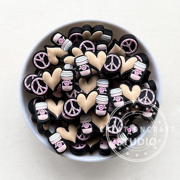 Peace Love Coffee Beads, Coffee Cup Focal Silicone Beads