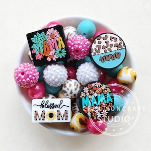 Mom Focal Perlen, Mama Perlen, Silikonperlen, 40 Stück verschiedene Perlen, Bubblegum Perlen