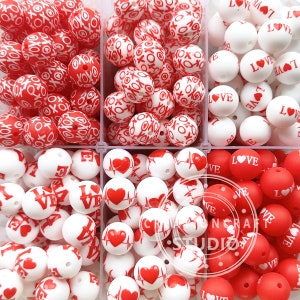 Valentine Day Print Beads, Love Beads, Round 15mm Silicone Beads, Loose Beads, Bulk Beads