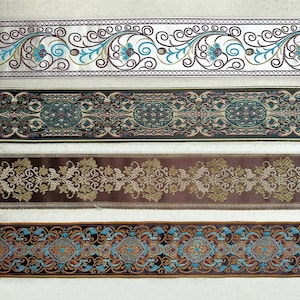 May include: Four different trims with intricate floral and geometric patterns in shades of brown, teal, gold, and silver. The trims are woven with a satin-like texture.