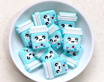 New Medicinal Silicone Beads, Light Blue Pill bottle, Cartoon Beads, 28*23mm, Focal Silicone Beads