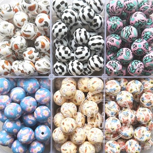 Western Print Beads, Flower Silicone Print Beads, 15mm Silicone Beads, Round Beads Bulk