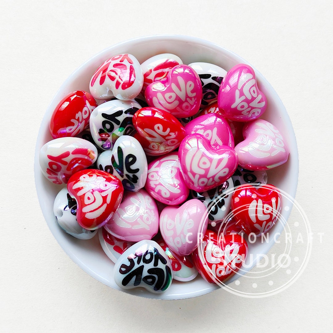 I Love You Heart Acrylic Beads, UV Focal Beads, Mix Heart Focal Beads ...