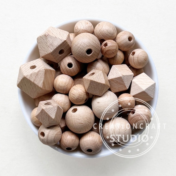 Natural Beech Wood Round/Hexagon Beads, Unfinished Wood Beads, Craft Loose Spacer Beads DIY Jewelry Making Necklace Charm Accessories,