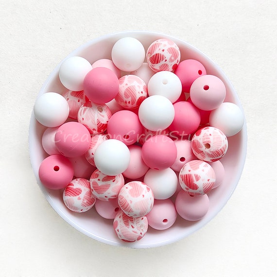 12mm/15mm Mixed Silicone Beads, Round Silicone Bead, Heart Print